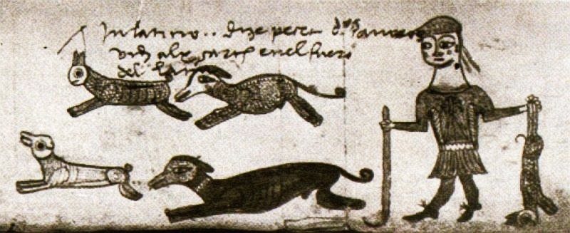 Conejo. Escena de caza con perros, en una copia del siglo XIV del Fuero de Teruel.