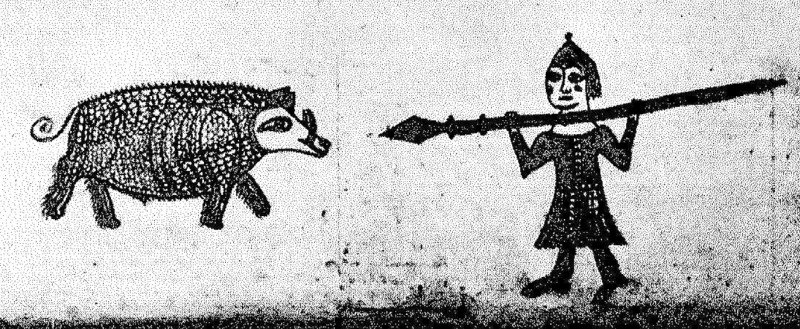 escena medieval de caza de jabalí o dibujo de un gato montés de 1910, según el dispositivo.